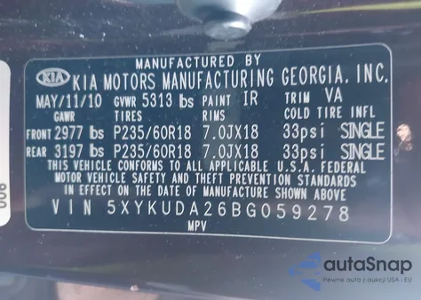 2011 Kia Sorento Ex V6 z USA, uszkodzony, nr VIN 5XYKUDA26BG059278